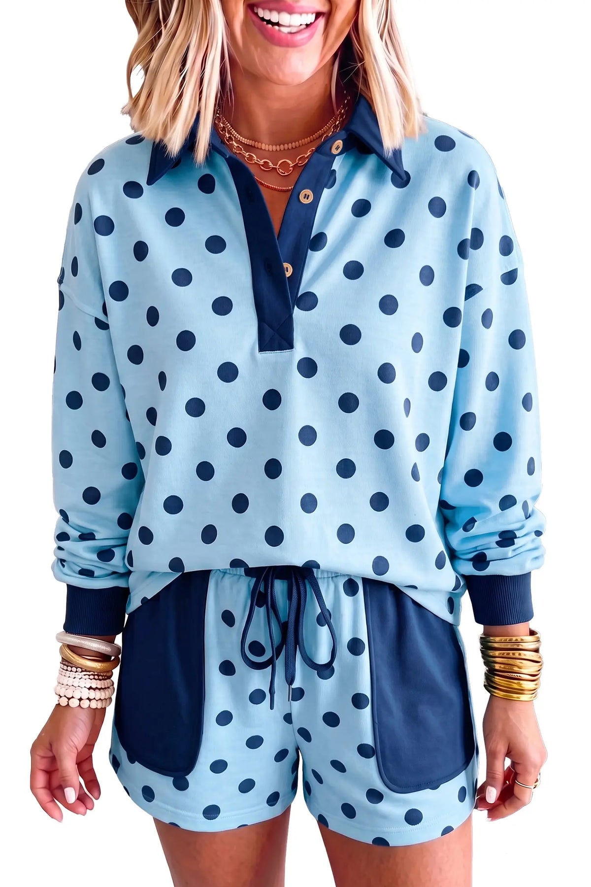 Polka dot drop shoulder polo pullover patch pocket shorts set sky blue model front view · nz-alt-v1