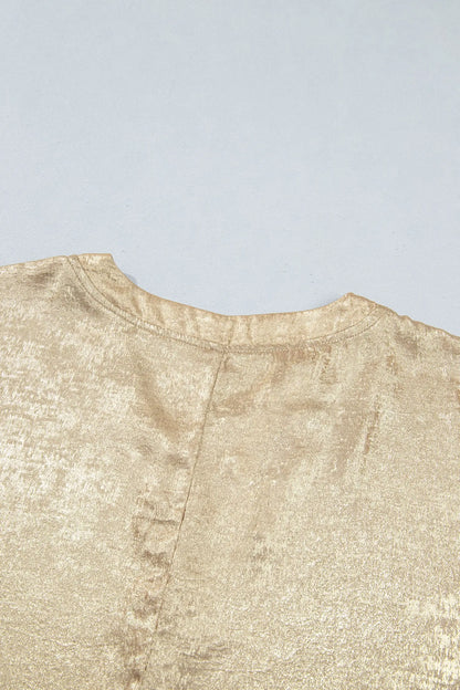 Parchment Metallic V Neck Button Cuffed Long Sleeve Dolman Blouse