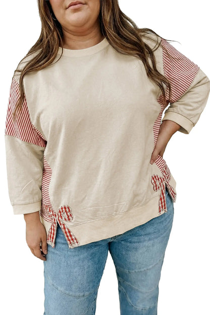 Parchment Striped Colorblock Patchwork Bow Detail Bracelet Sleeve Plus Size Top