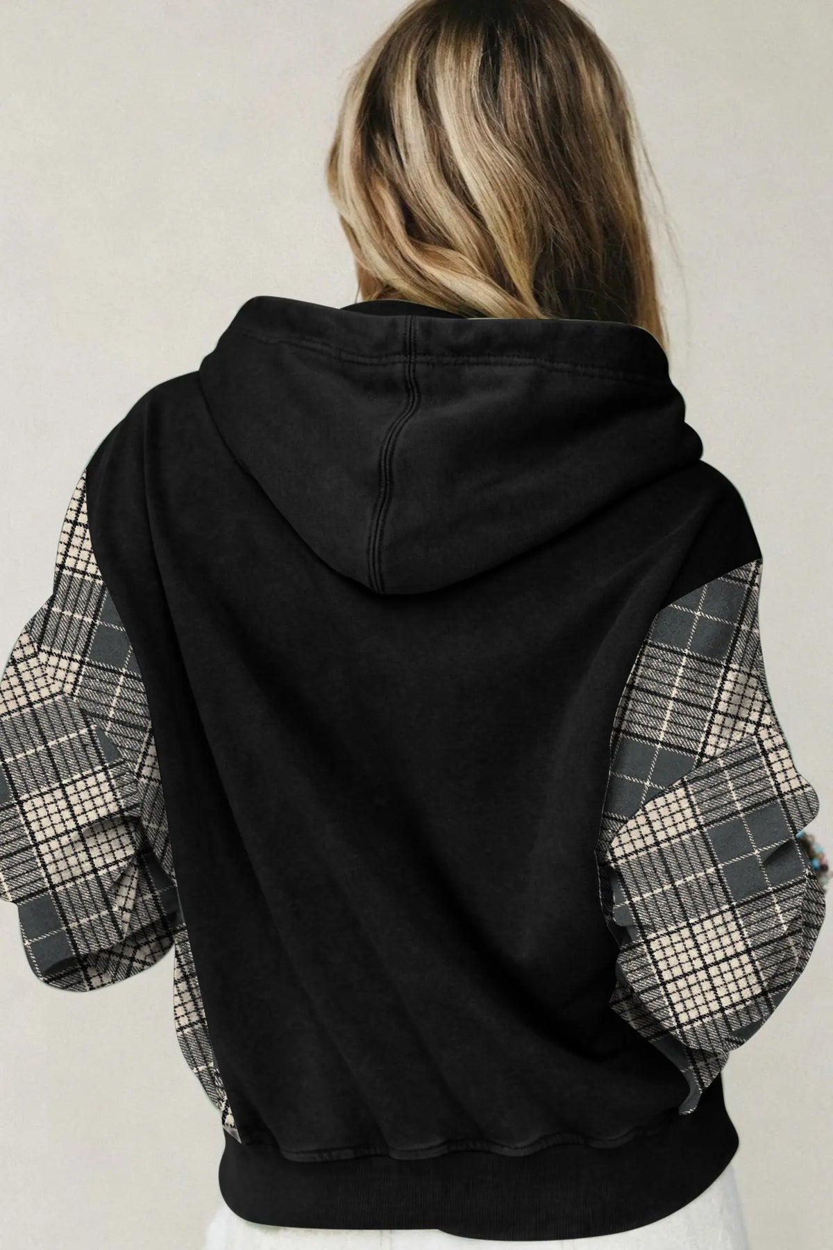 Black plaid sleeve drawstring pocket hooded sweatshirt model back view · nz-alt-v1