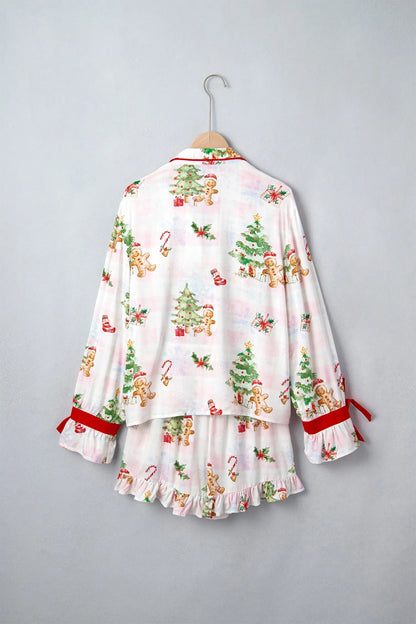 Pink Abstract Christmas Print Long Sleeve Two Piece Shift Lounge Set
