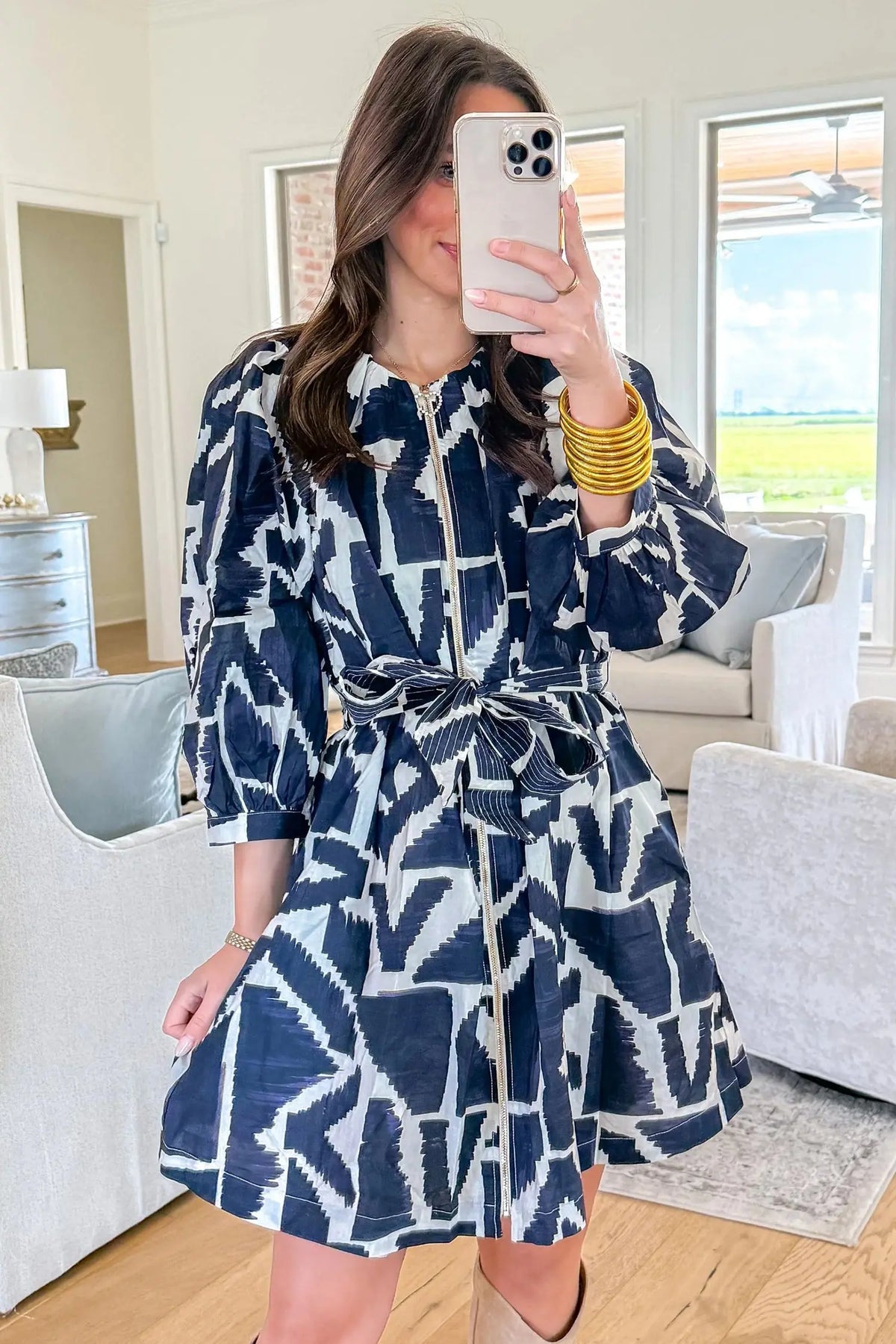 Blue Abstract Geometric Print Zip Front Tie Waist Shift Dress model front view · nz-alt-v1