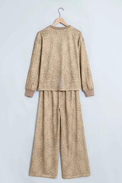 Khaki Leopard Star Print Long Sleeve Loose Casual Two Piece Pants Set
