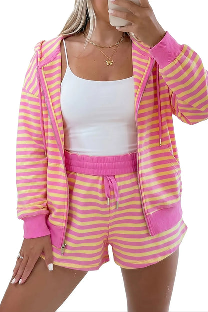 Rose Red Striped Long Sleeve Zip-Up Hoodie Drawstring Elastic Waist 2pcs Short Set