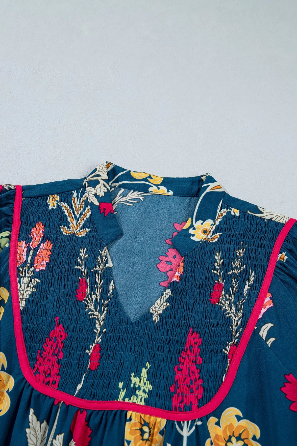 Blue Floral Print Gathered Neckline 7/8 Sleeve Casual Midi Dress gathered neckline detail view · nz-alt-v1