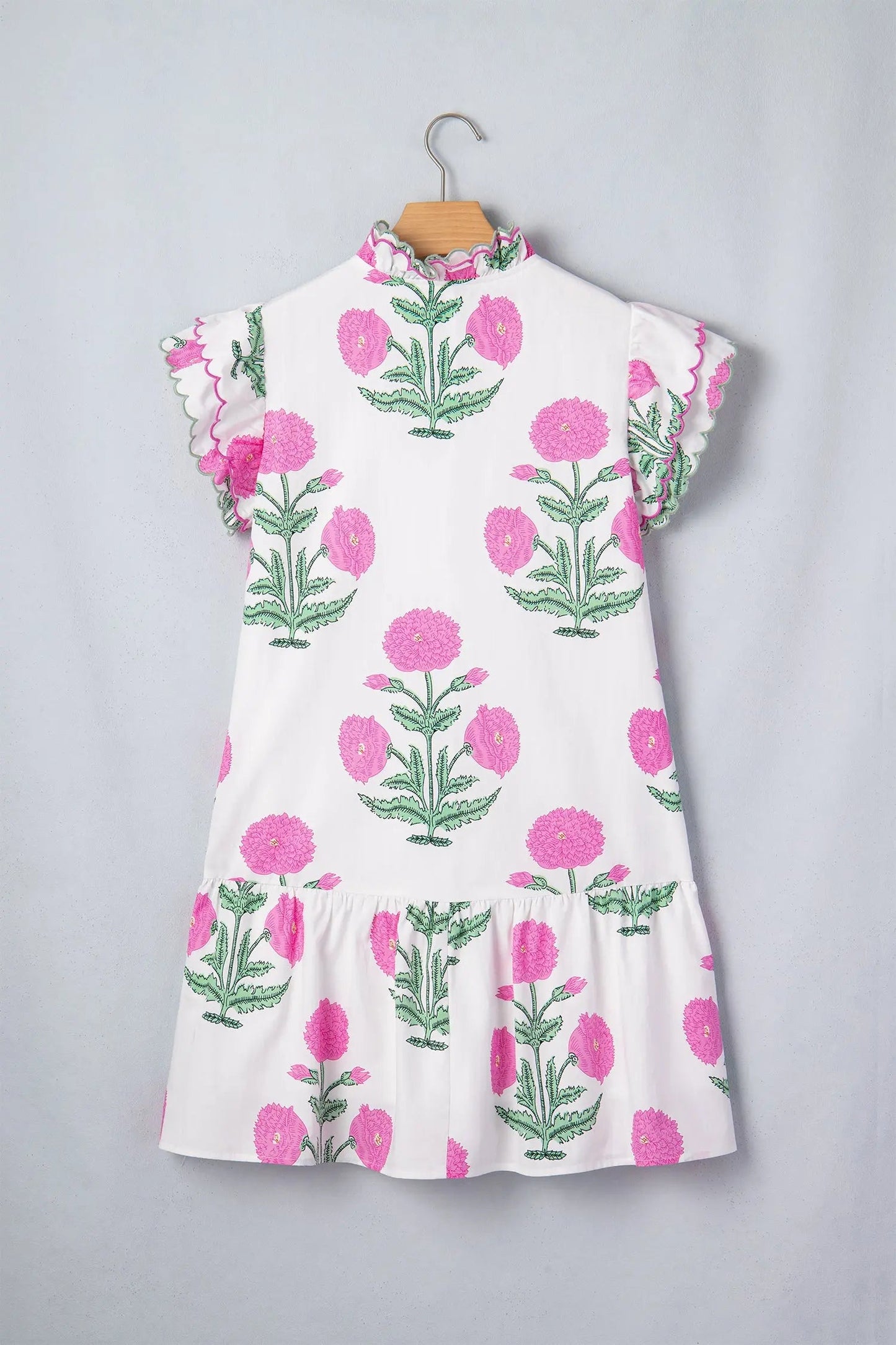 Sky Blue Wild Floral Print Scalloped Embroidery Trim V Neck Drop Waist Mini Dress - Casual Dresses