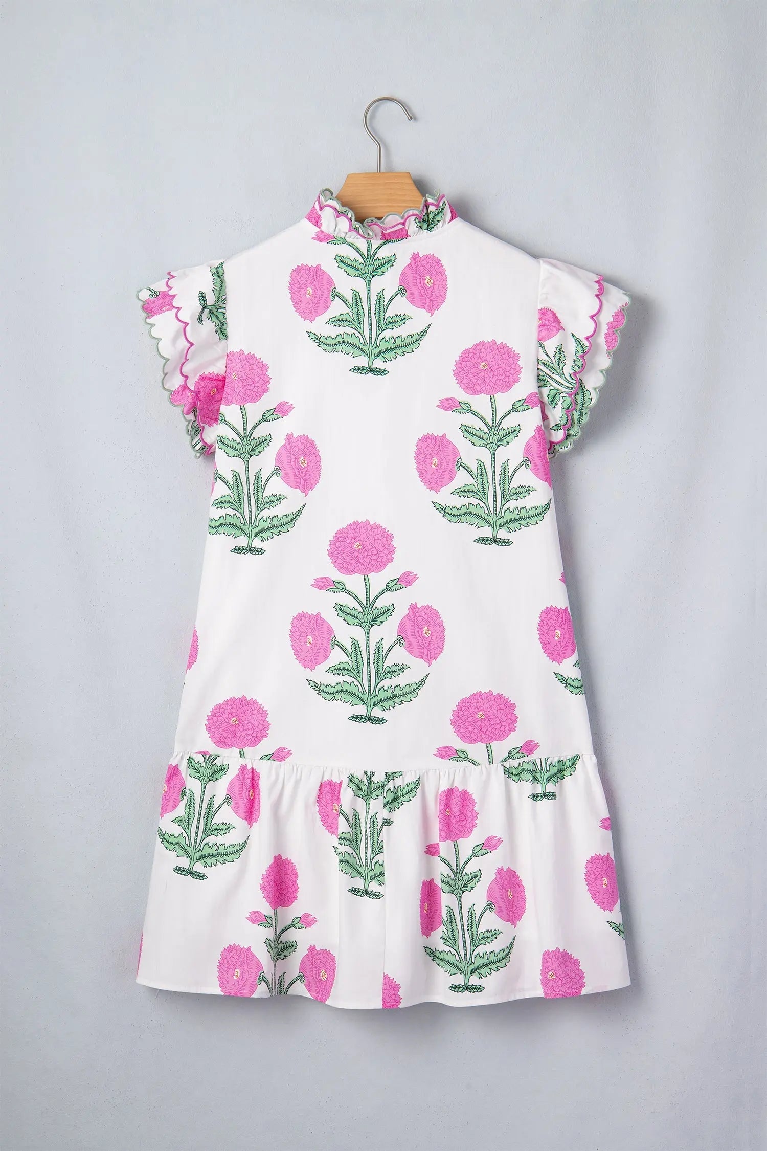 Sky Blue Wild Floral Print Scalloped Embroidery Trim V Neck Drop Waist Mini Dress - Casual Dresses