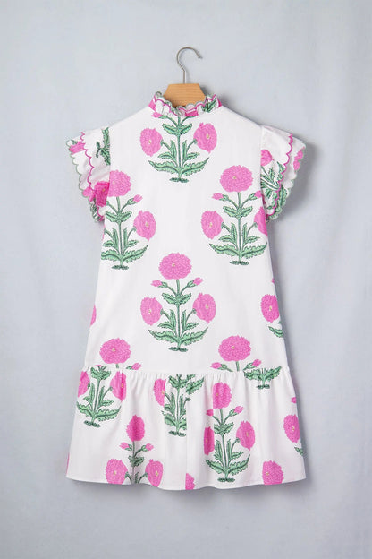 Sky Blue Wild Floral Print Scalloped Embroidery Trim V Neck Drop Waist Mini Dress - Casual Dresses