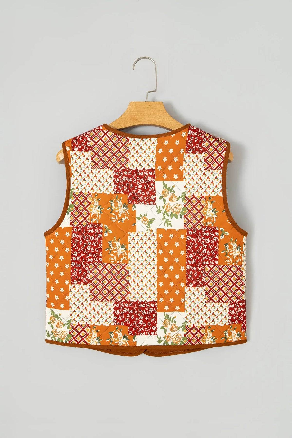 Golden Fleece Quilted Floral Patchwork Contrast Trim V Neck Button Vest