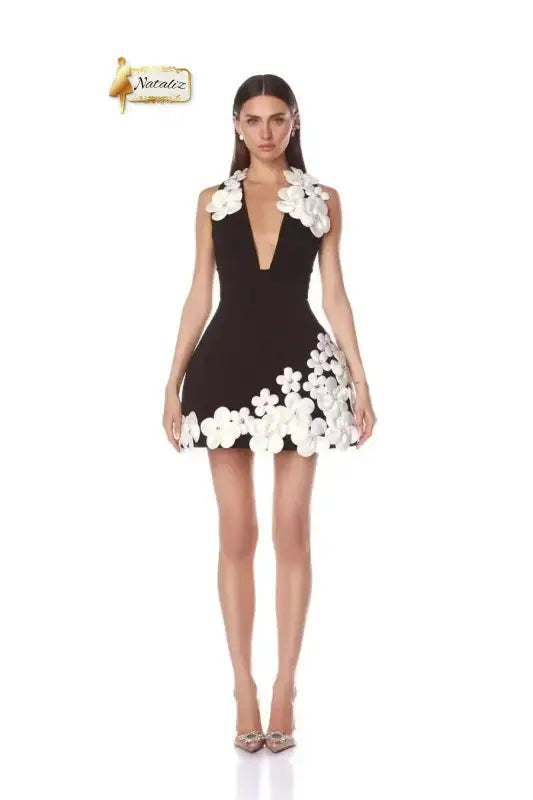 3D White Floral Decoration Mini Black Bodycon Dress Guangzhou Migu Garment Company Limited