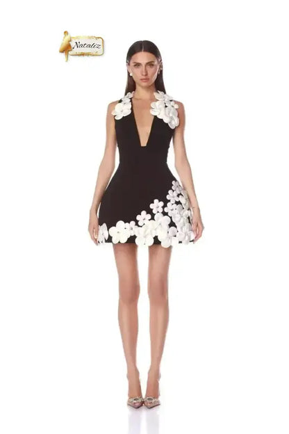3D White Floral Decoration Mini Black Bodycon Dress Guangzhou Migu Garment Company Limited