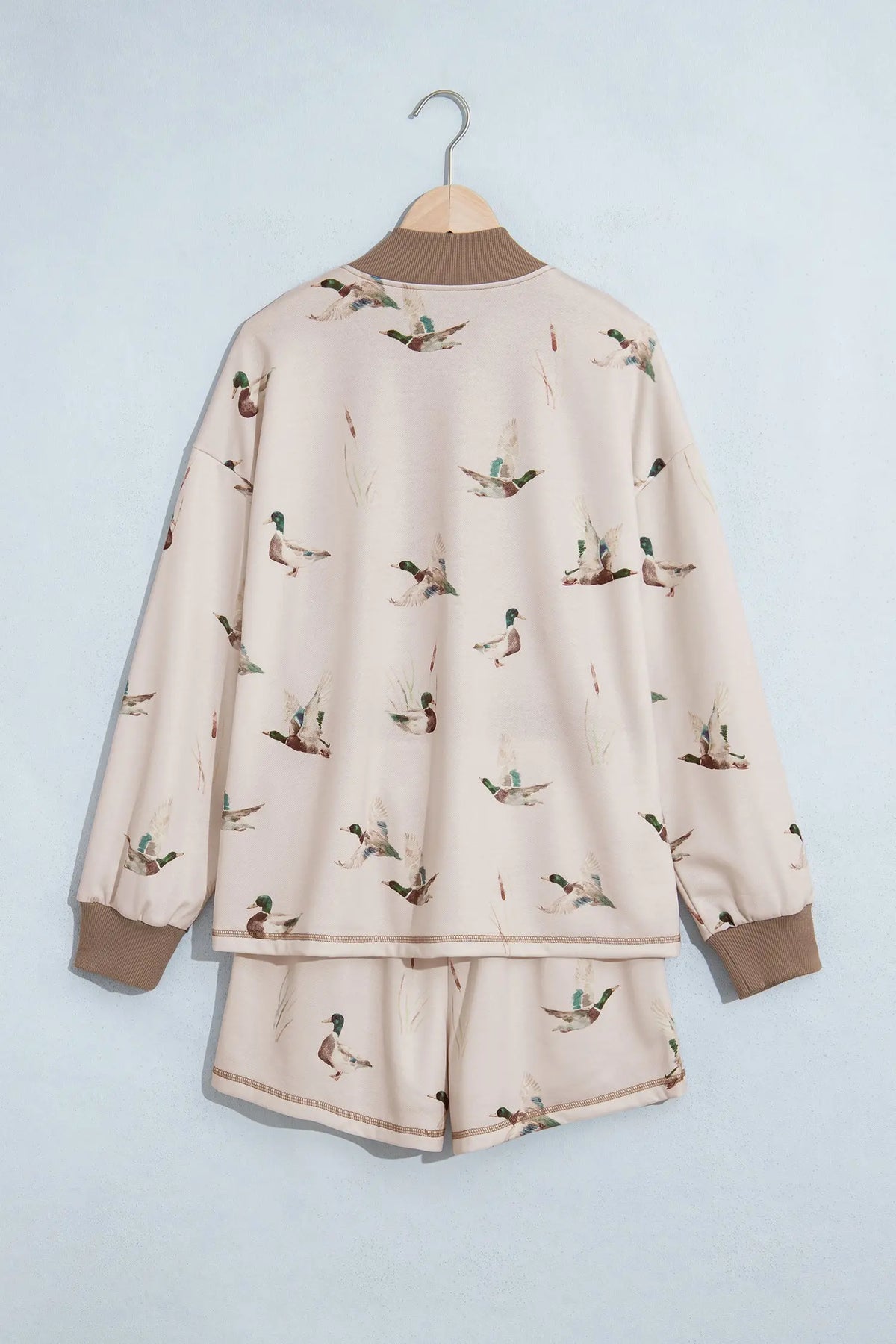 Khaki mallard print color block zip pullover and shorts set, hanging view · nz-alt-v1