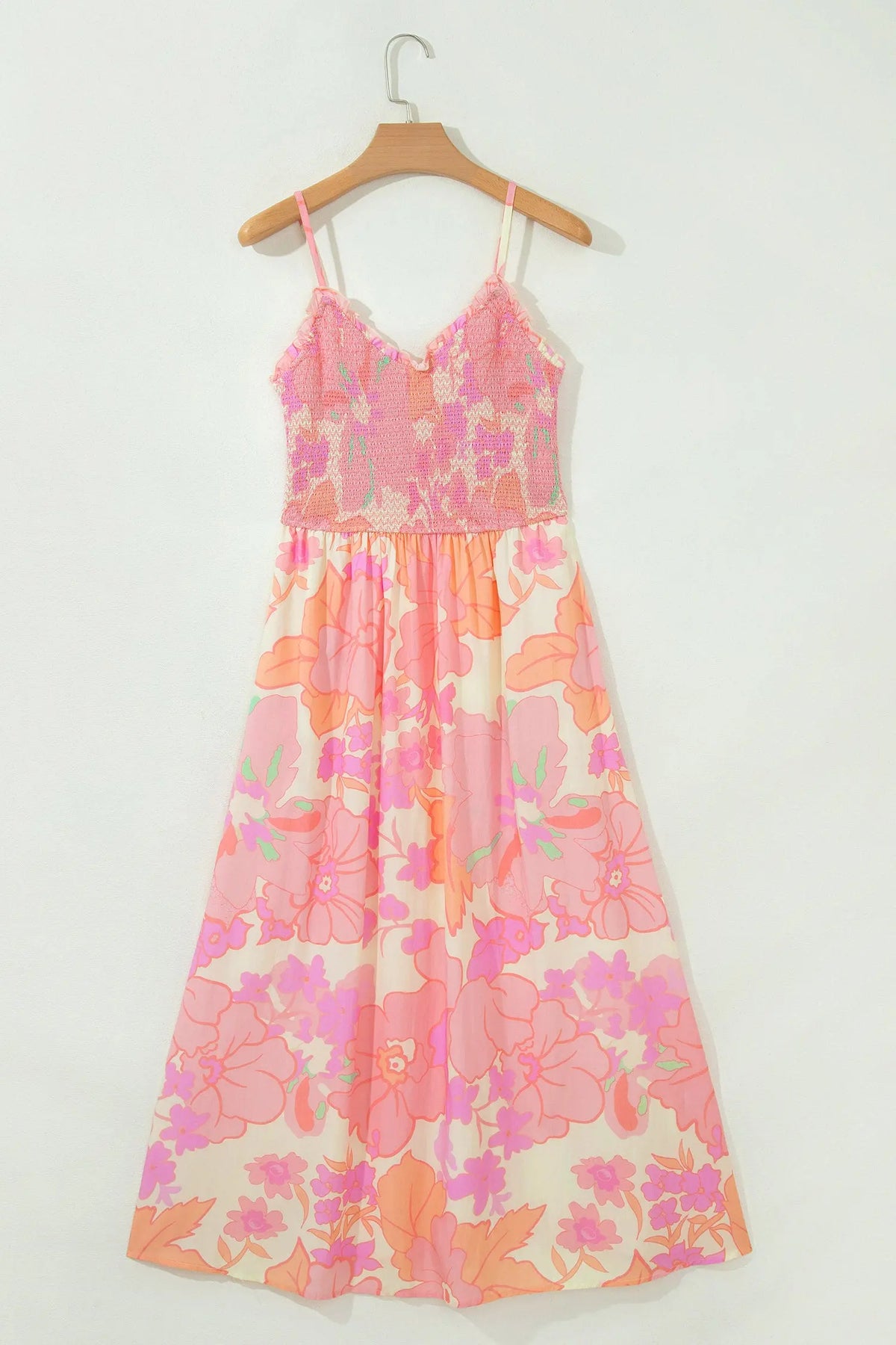 Pink Spaghetti Straps Floral Shirred High Waist Dress hanging view · nz-alt-v1