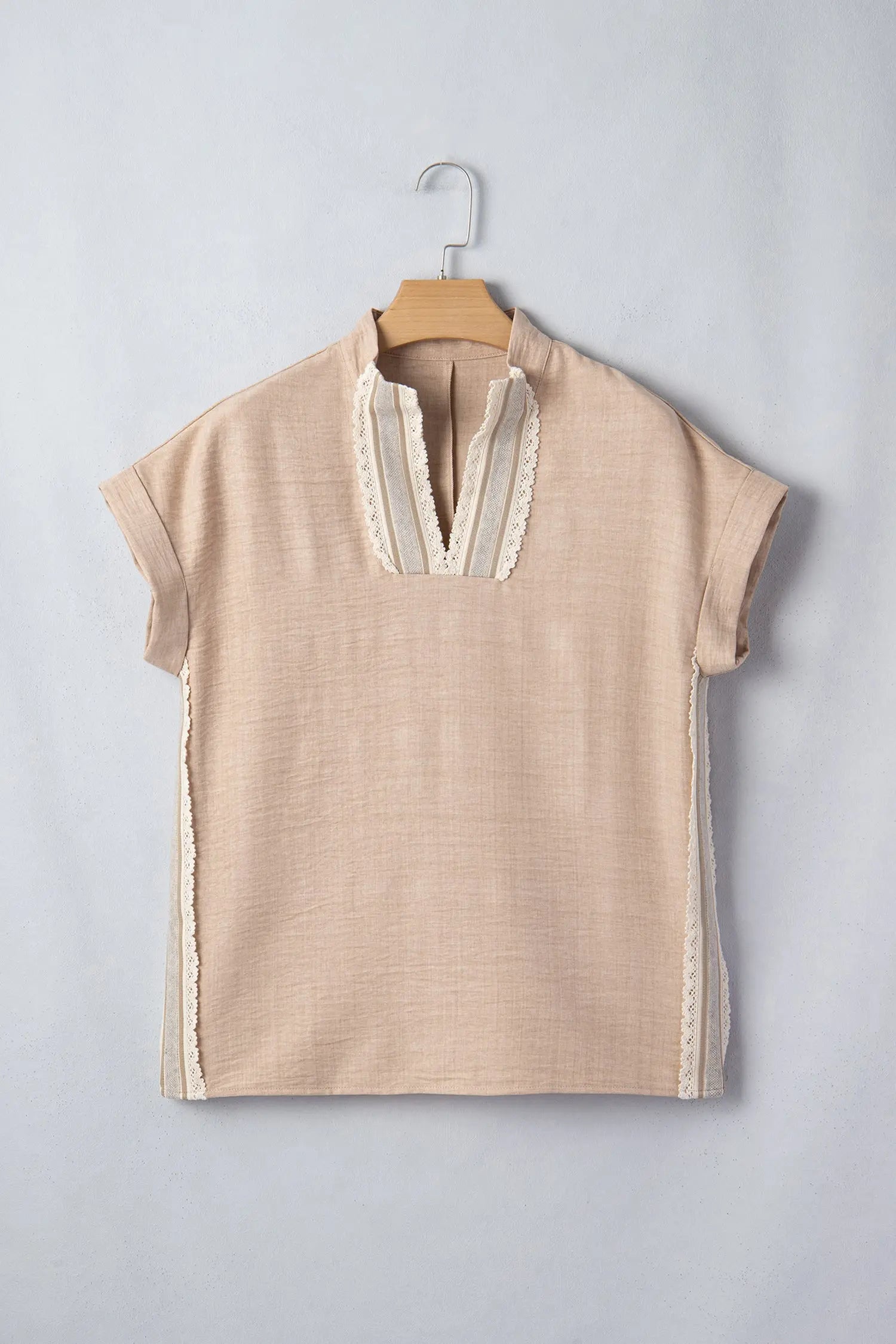 Parchment Crochet Lace Accent Pullover Rolled Short Sleeve Blouse Nataliz