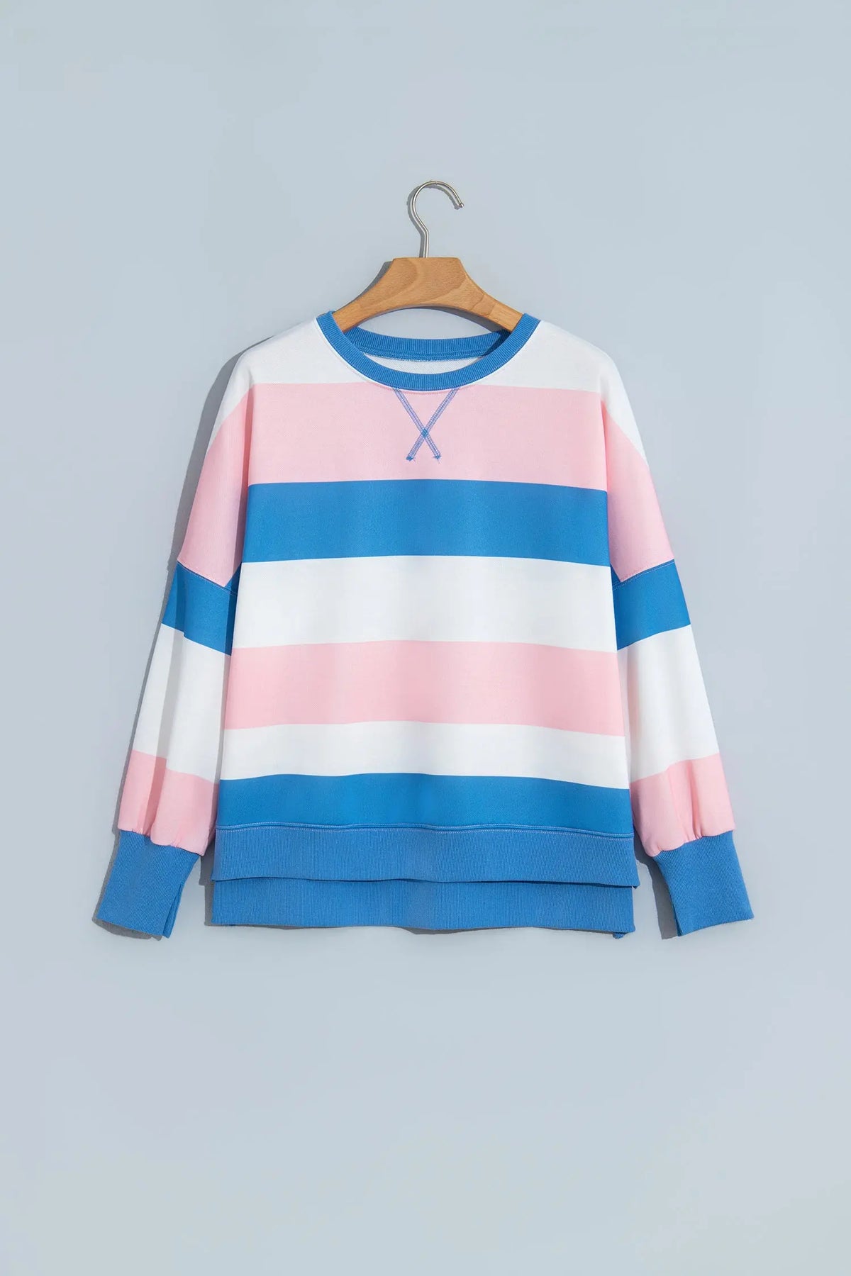 Pink Stripe Side Split Oversized Long Sleeve Top hanging view · nz-alt-v1