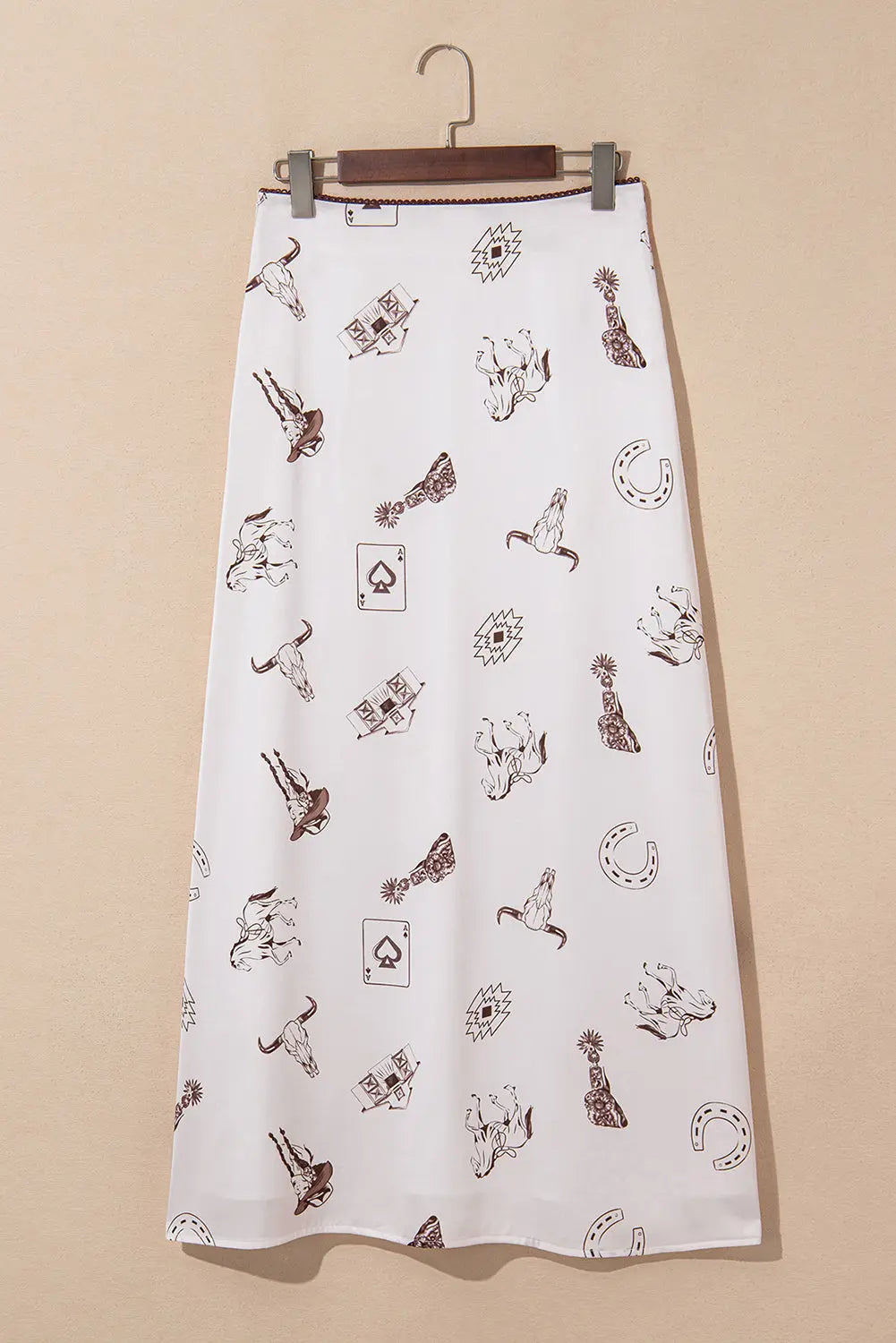 White Western Print Satin Long Skirt - Skirts