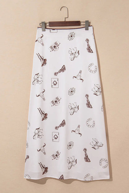 White Western Print Satin Long Skirt - Skirts