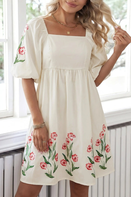 Beige Floral Print Puff Sleeve Babydoll Dress Nataliz