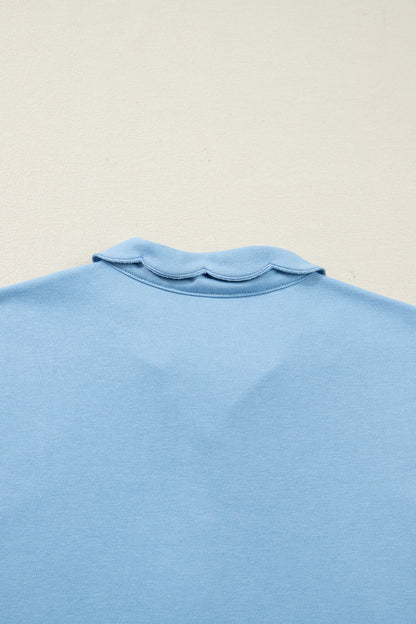Sea Green Solid Color Snap Button Polo Collar Short Sleeve Scallop Hem Mini Dress