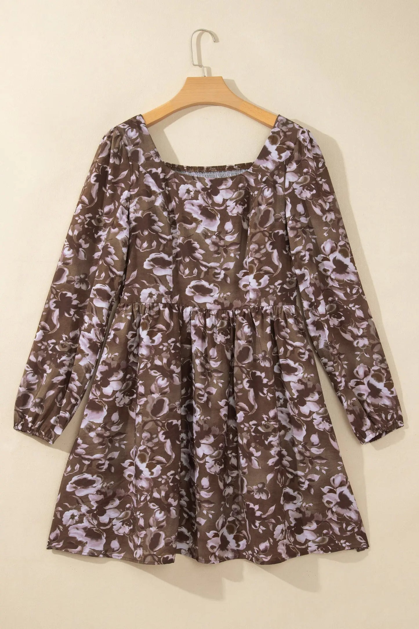 Brown Abstract Floral Print Square Neck Long Sleeve Mini Shift Dress