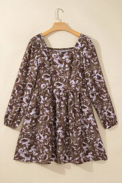 Brown Abstract Floral Print Square Neck Long Sleeve Mini Shift Dress