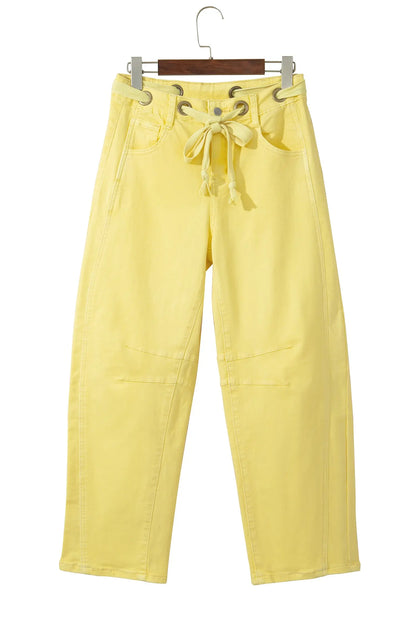Yellow Solid Color Grommet Detail Knot Waist Barrel Jeans