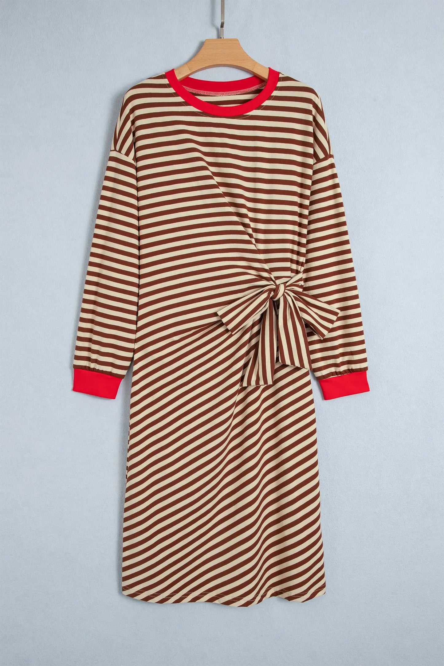 Brown Stripe Striped Colorblock Cuffs Round Neck Long Sleeve Shift Dress