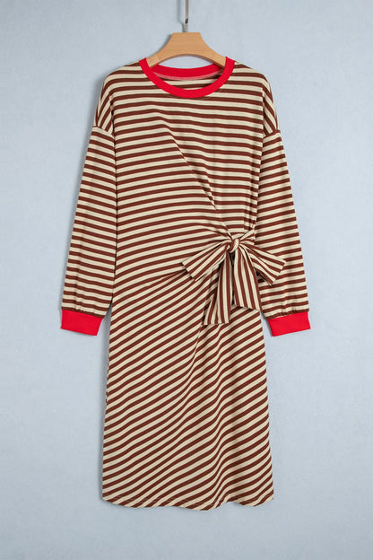Brown Stripe Striped Colorblock Cuffs Round Neck Long Sleeve Shift Dress