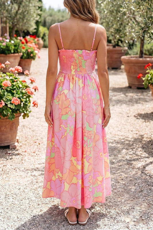 Pink Spaghetti Straps Floral Shirred High Waist Dress model back view · nz-alt-v1