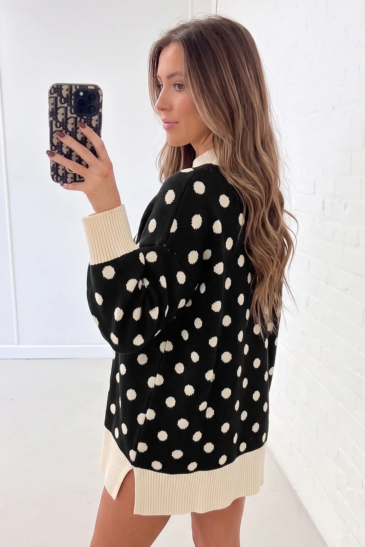 Polka Dot Pattern Ribbed Colorblock Trim Split Tunic Sweater