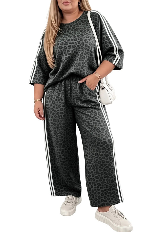 Gray leopard print bracelet sleeve top plus size loose pants set model front view · nz-alt-v1