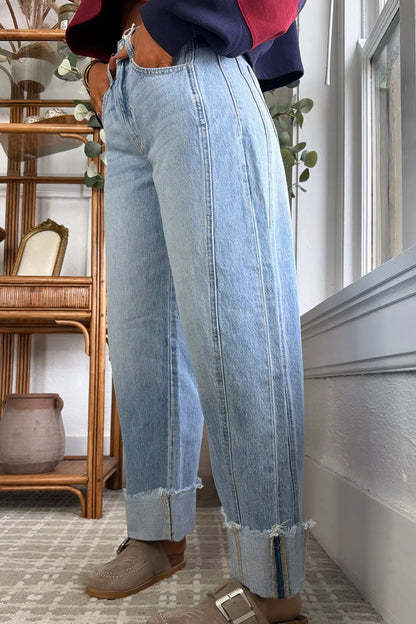 Sail Blue Raw Hem Turnup Loose Ankle-length Jeans