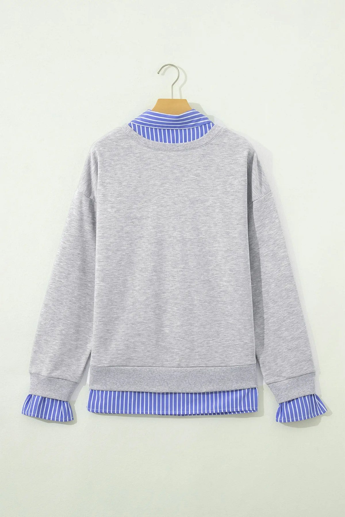Light Grey Striped Collar 2-in-1 Patchwork Casual Loose Sweatshirt