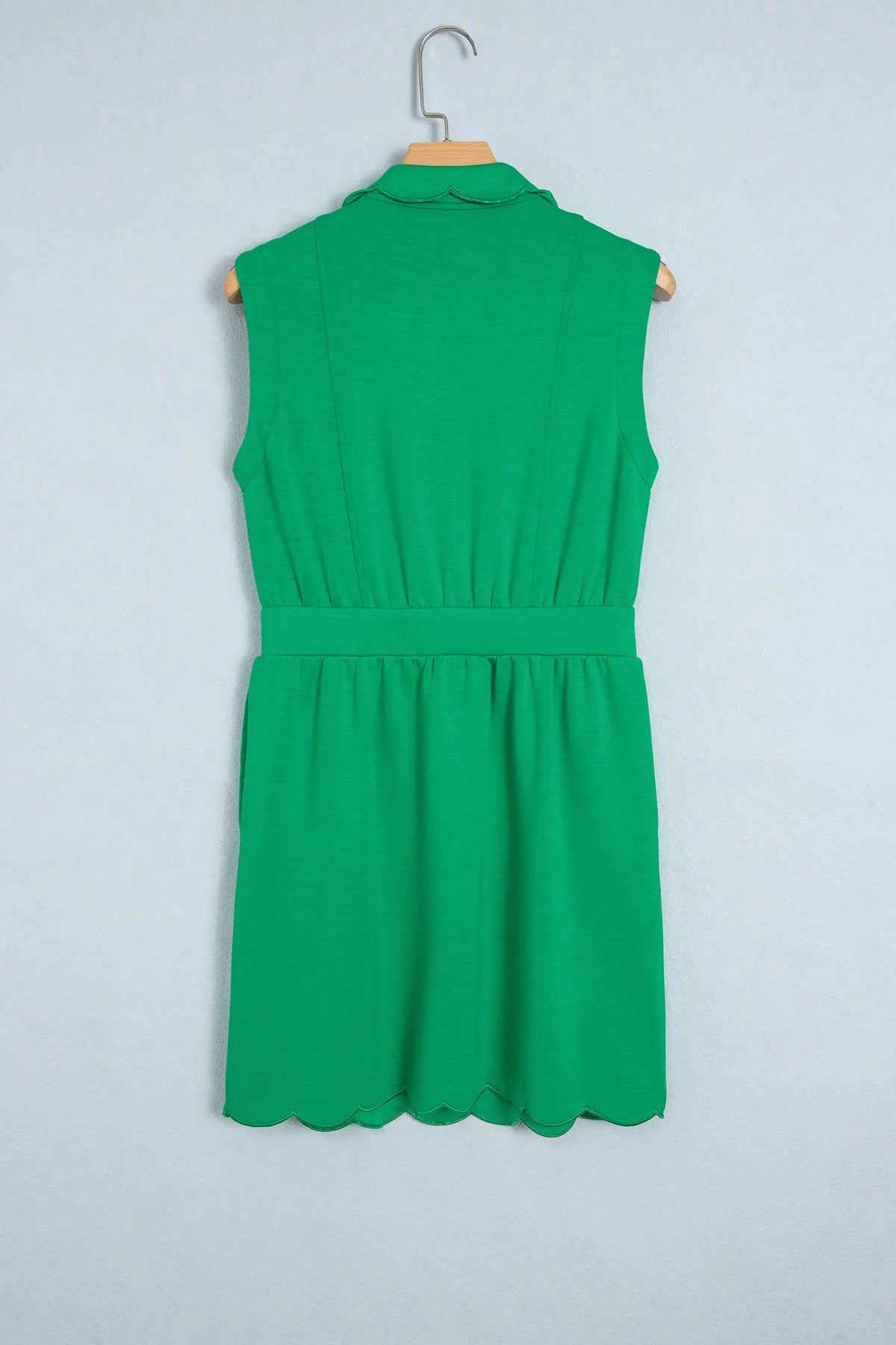 Bright Green Sleeveless Zip Front Scallop Hem Mini Dress back hanging view · nz-alt-v1
