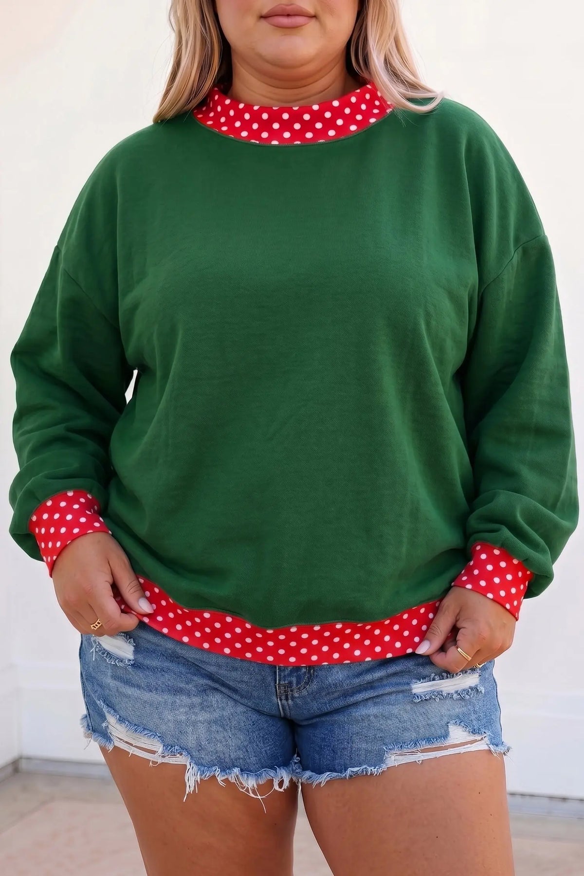 Polka dot patchwork round neck plus size sweatshirt dark green model front view · nz-alt-v1
