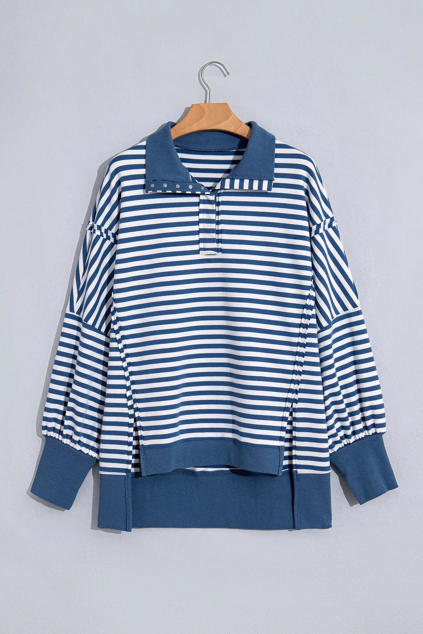 Blue Stripe Color Block Trim Raw Seam Split Hem Loose Pullover Sweatshirt
