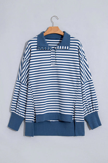 Blue Stripe Color Block Trim Raw Seam Split Hem Loose Pullover Sweatshirt
