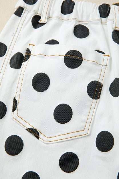 Sky Blue Polka Dot Print Bow Detail Pocketed Jeans