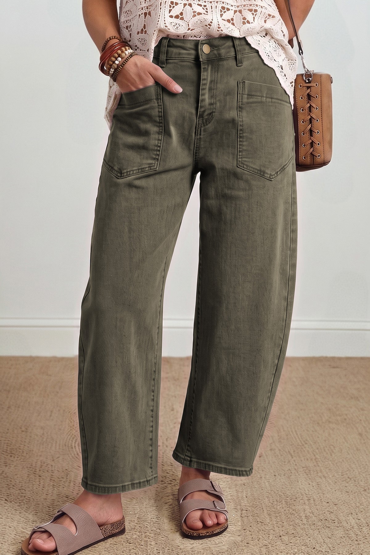 Solid Color Square Patch Pocket Ankle-length Barrel Jeans