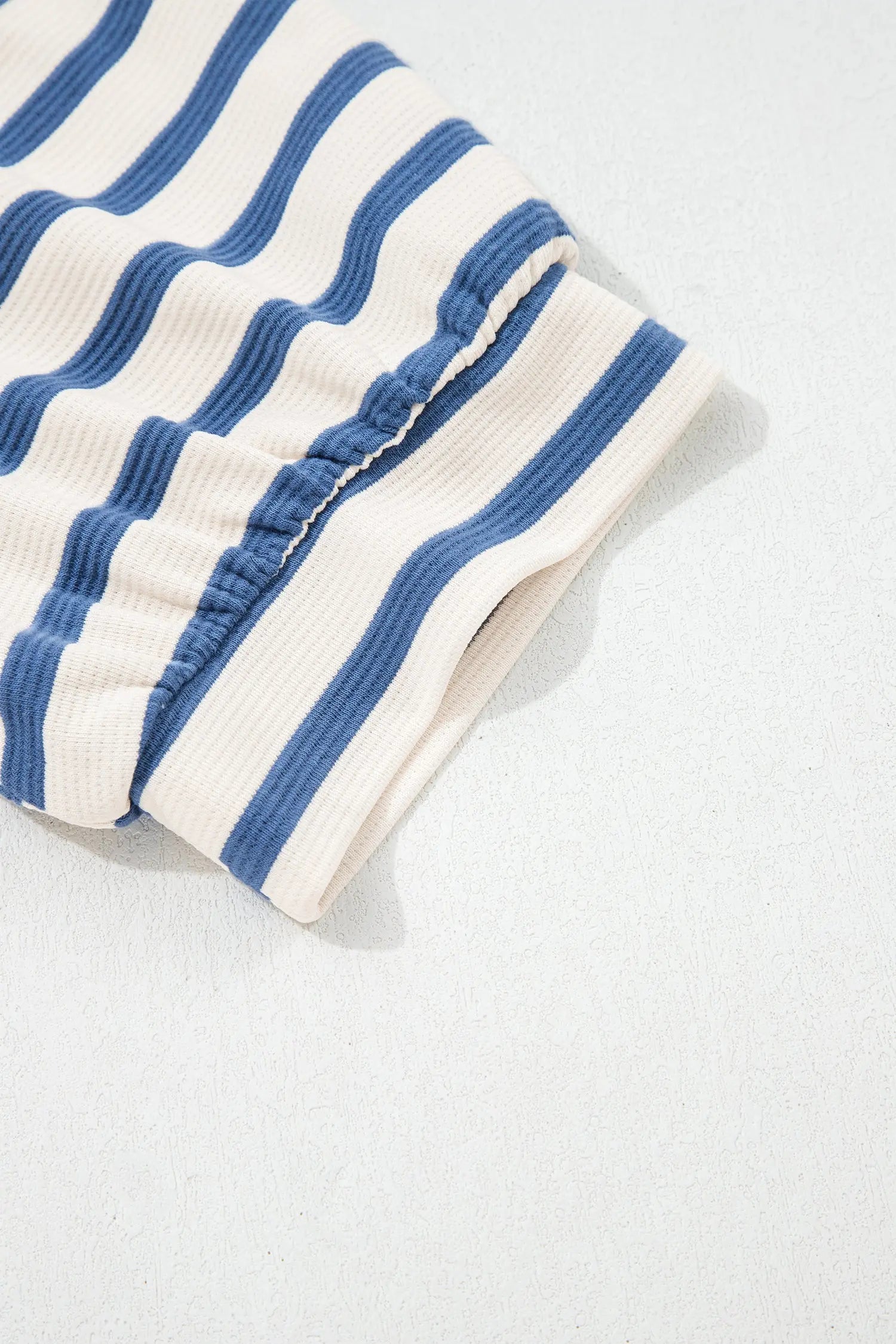 Blue Stripe Short Puff Sleeve Color Block Polo Collar Blouse Nataliz