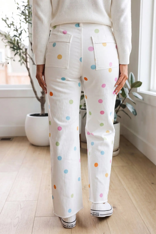 White High Waist Polka Dot Straight Leg Casual Jeans model back view · nz-alt-v1