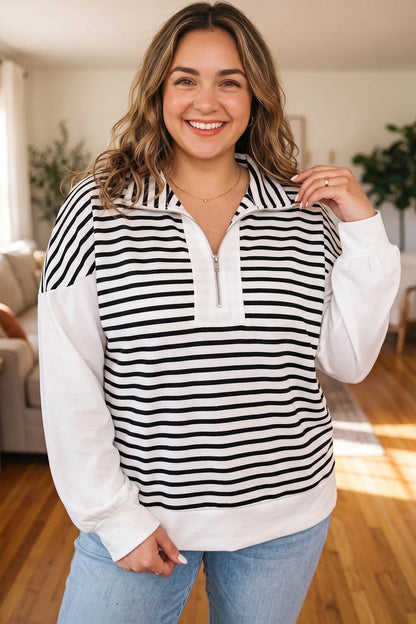 White Stripe Striped Colorblock V Neck Long Sleeve Shift Plus Size Blouse