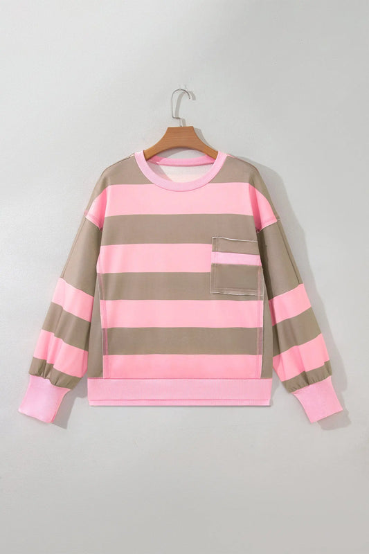 Pink Stripe Raw Seam Patchwork Drop Shoulder Plus Size Sweatshirt hanging view · nz-alt-v1