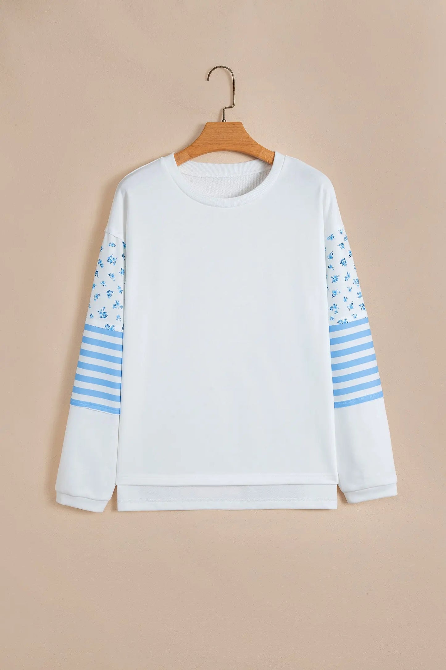 Beige Floral Striped Long Sleeve Contrasted Pullover Top