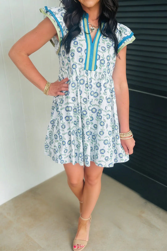 Sky Blue Floral Print Contrast Trim Flutter Sleeve Mini Dress Nataliz