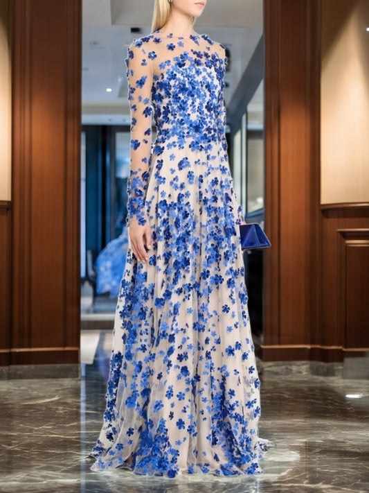 Cobalt Floral Appliqué Illusion Long Sleeve Gown side view · nz-bg-v1