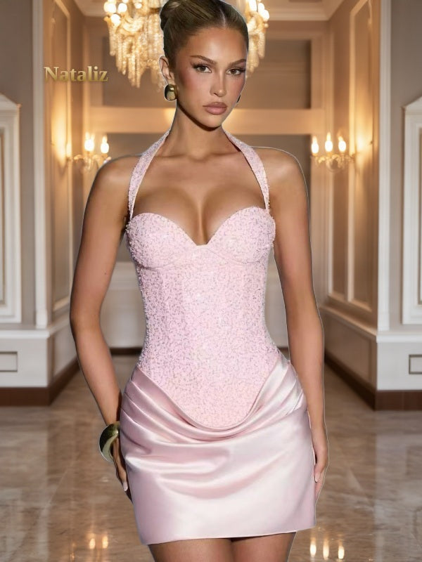 Sequin Corset Halter Mini Dress with Draped Satin Skirt model front view