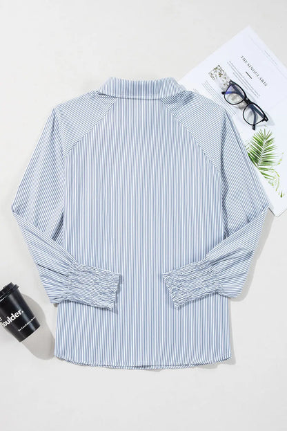 Gray Pinstripe Long Sleeve Smocked Cuffs Button Shirt Collar Blouse