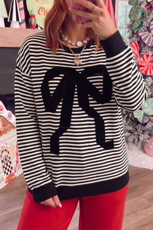 Black Stripe Velvet Bow Pattern Dropped Shoulder Loose Sweatshirt model front view · nz-alt-v1
