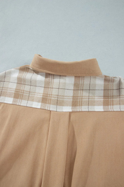 Light French Beige Plaid Colorblock Shirt Collar Shift Shacket